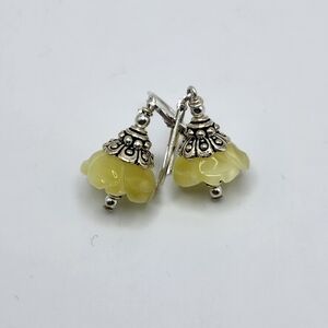 Sterling silver frosted rhinestone greenish yellow drop dangling flower earrings